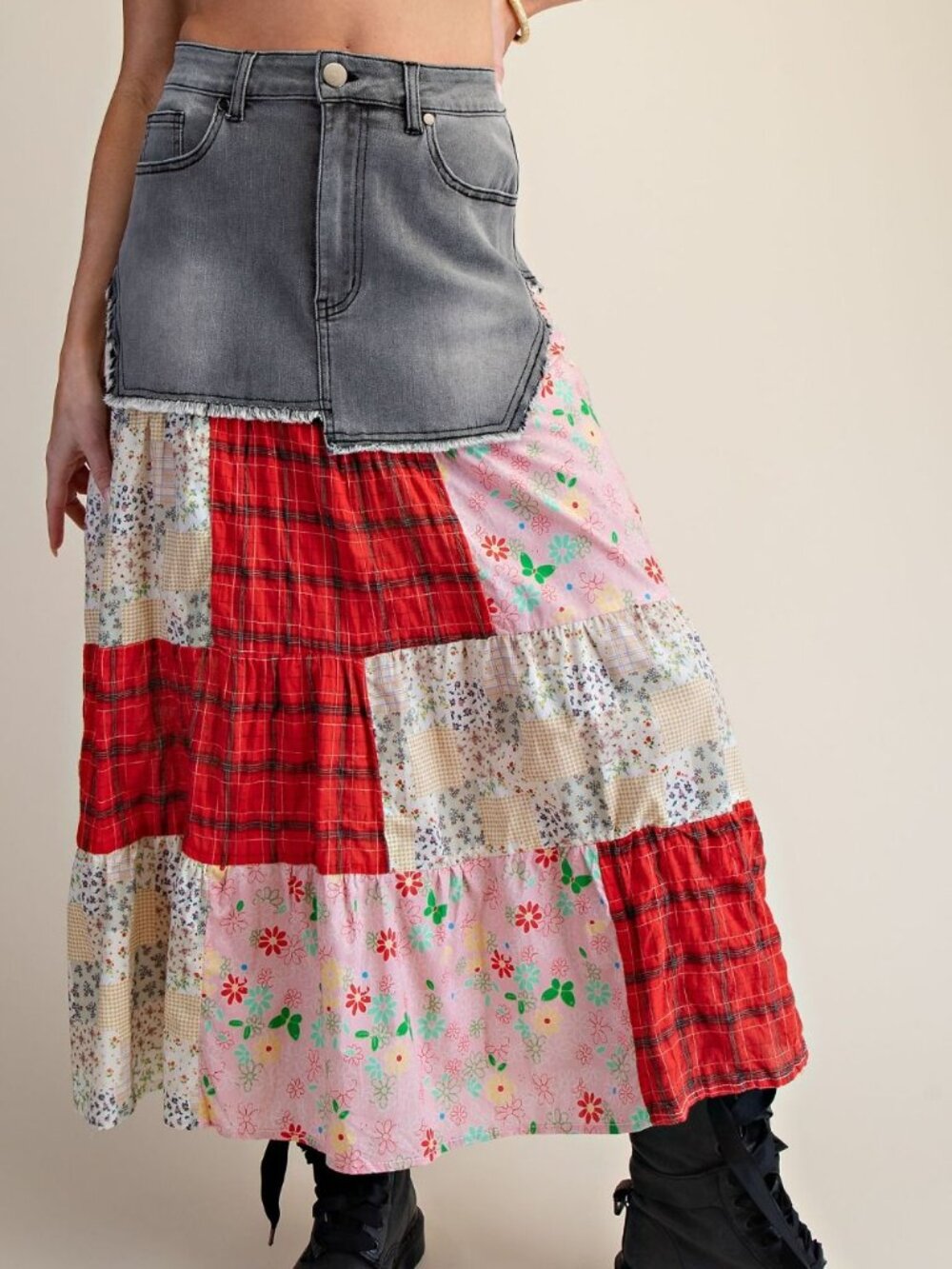 EASEL NEW RELEASE PATCHWORK DENIM SKIRT